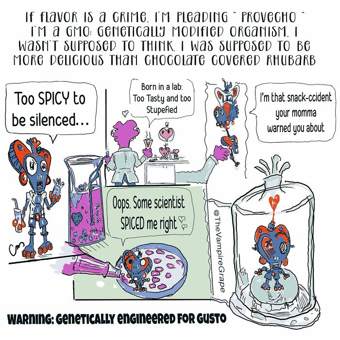 Surreal comic featuring a vampire grape character humorously illustrating genetically modified themes in modern life.