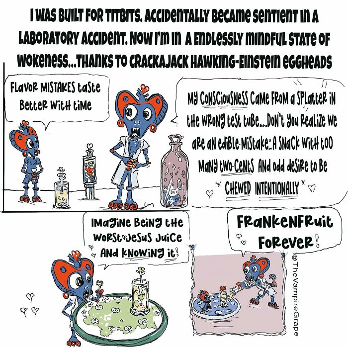 Comic panel featuring a vampire grape character discussing consciousness and flavor mistakes in surreal modern life comics.