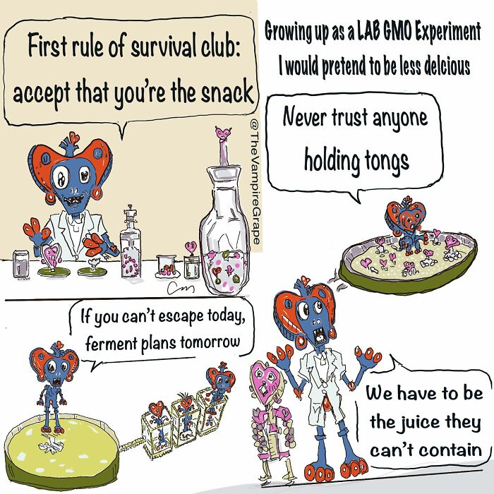 Surreal comic panels featuring a vampire grape in a lab experiment with humor about survival and modern life challenges.