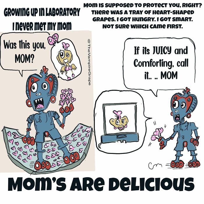 Comic of a vampire grape reflecting on growing up in a lab and the comforting nature of mom grapes in modern life.