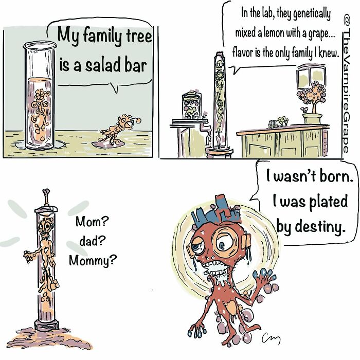 Surreal comic featuring a vampire grape in a lab setting, exploring themes of family and destiny in modern life.