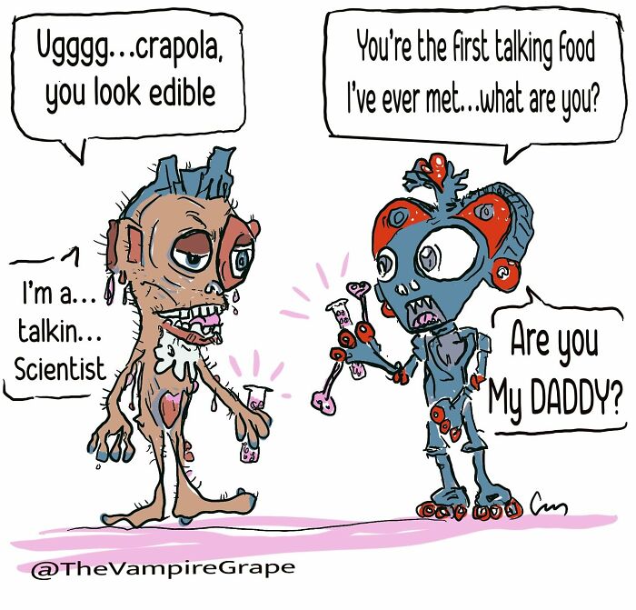 Surreal comic featuring a vampire grape and a talking scientist discussing identity in modern life.