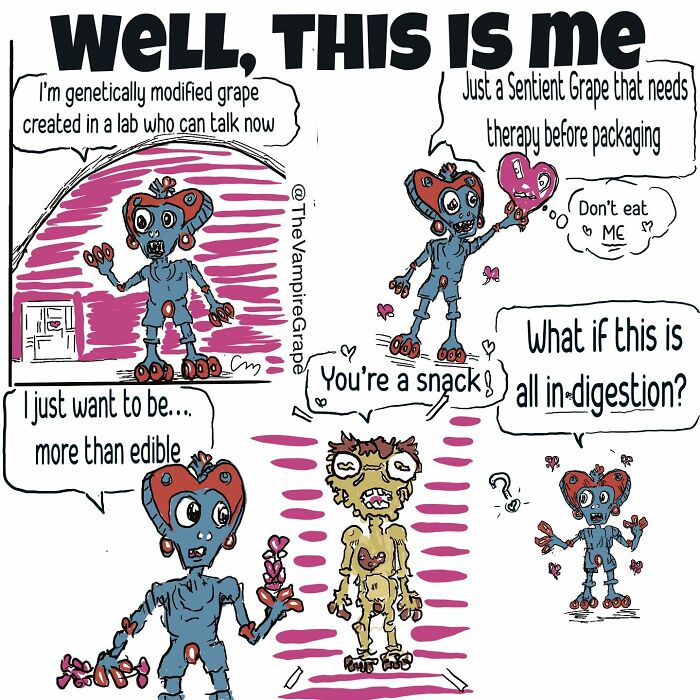 Surreal comic featuring a vampire grape character expressing feelings about being genetically modified and edible.