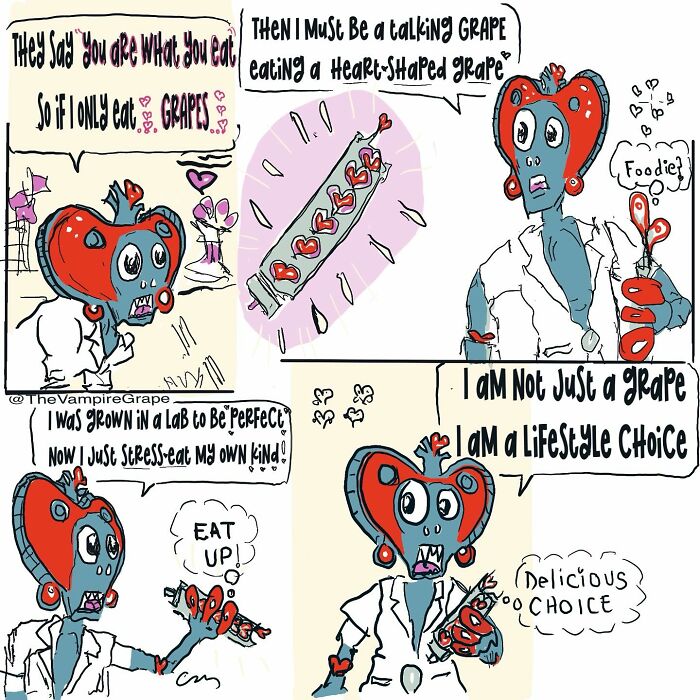 Surreal comic panels featuring a vampire grape character reflecting on identity and modern life choices.