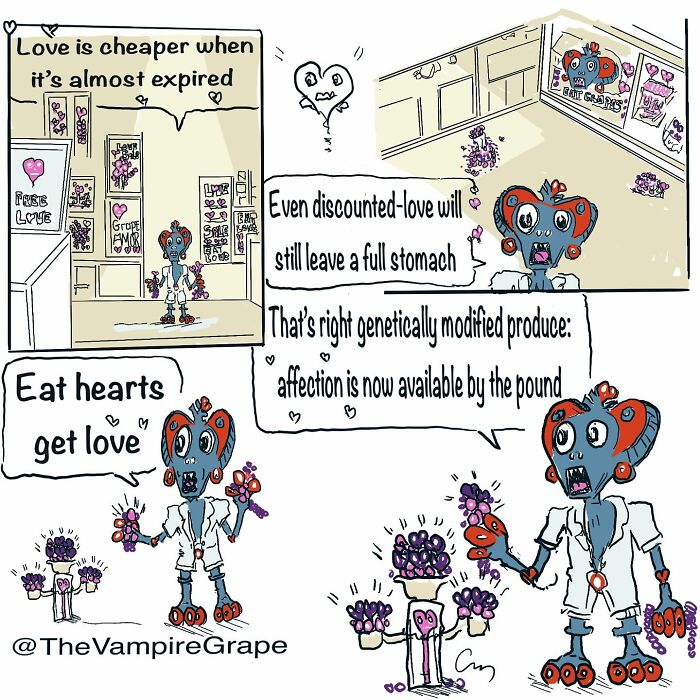 Surreal comic featuring a vampire grape character discussing love as discounted genetically modified produce.