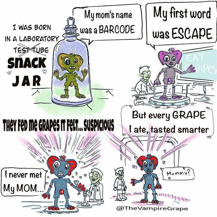 Surreal comic panels featuring a vampire grape character in a lab and classroom with quirky dialogue.