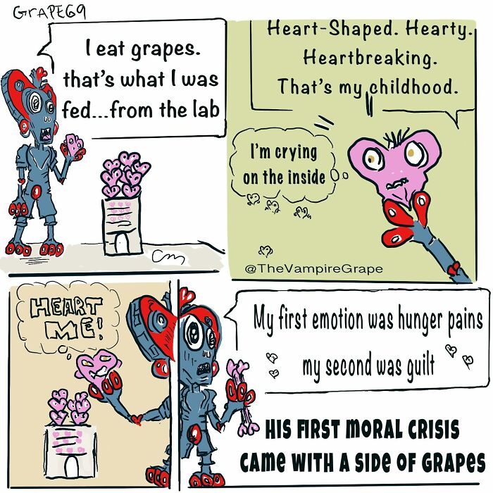 Surreal comic featuring a vampire grape experiencing moral crisis and emotions, capturing modern life themes.