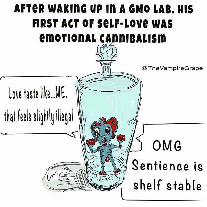 Surreal comic of a vampire grape in a lab jar depicting emotional cannibalism and modern life struggles.