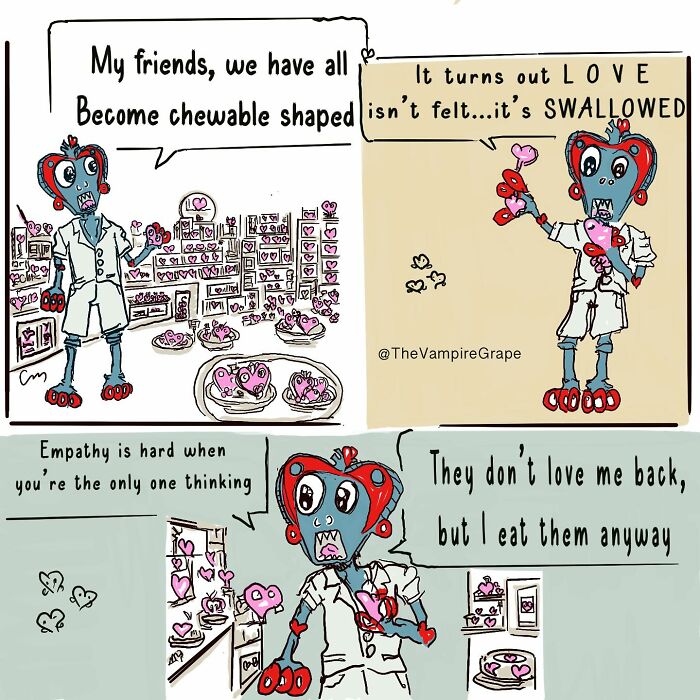 Surreal comic featuring a vampire grape reflecting on love and empathy in a quirky modern life scene.