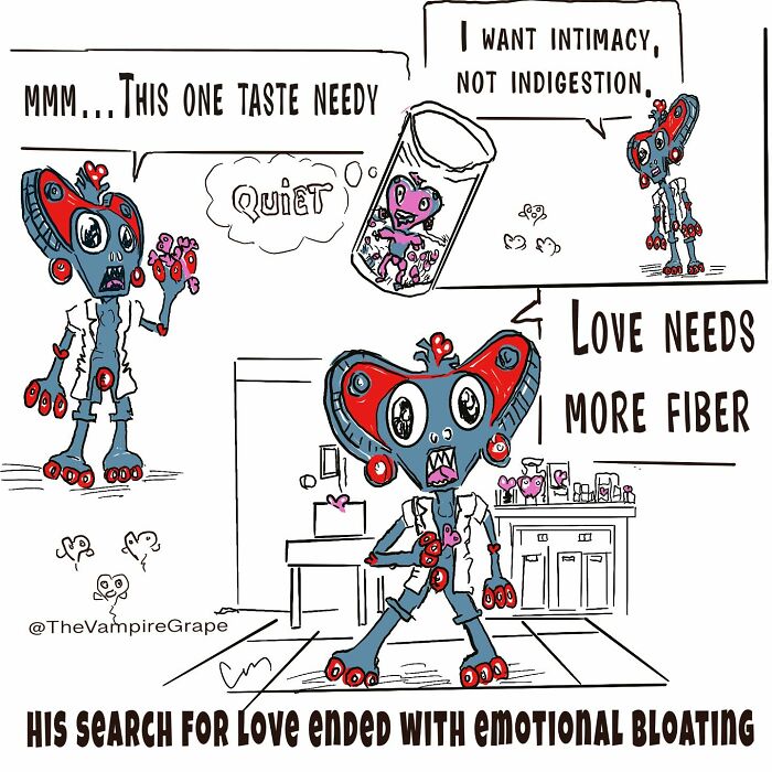 Surreal comic featuring a vampire grape character humorously exploring love and emotional bloating in modern life.