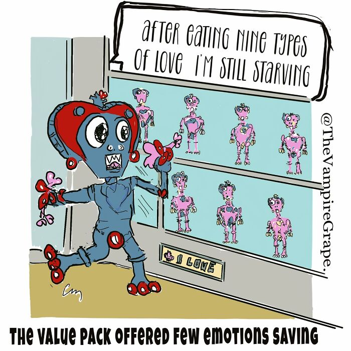 Surreal comic featuring a vampire grape character reflecting on love and emotions in modern life.