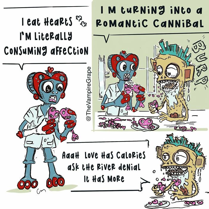 Comic panels featuring a vampire grape character humorously consuming hearts, illustrating surreal vampire grape modern life comics.
