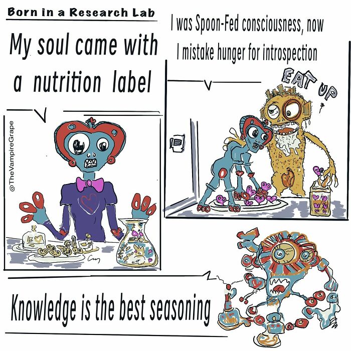 Surreal comic panels featuring a vampire grape character exploring nutrition, consciousness, and knowledge in modern life.