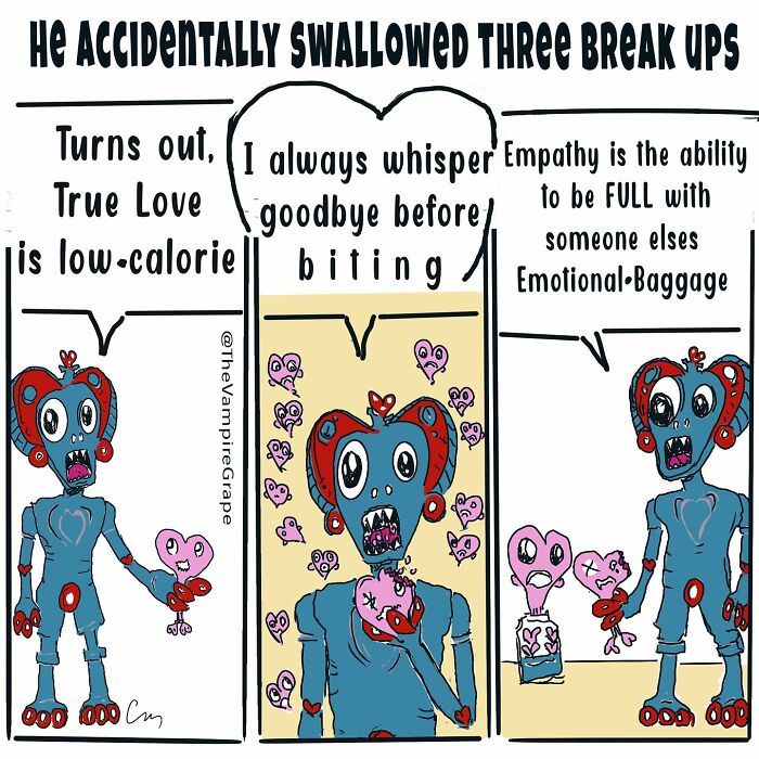 Comic panels featuring a vampire grape character depicting breakup emotions in a surreal style about modern life.
