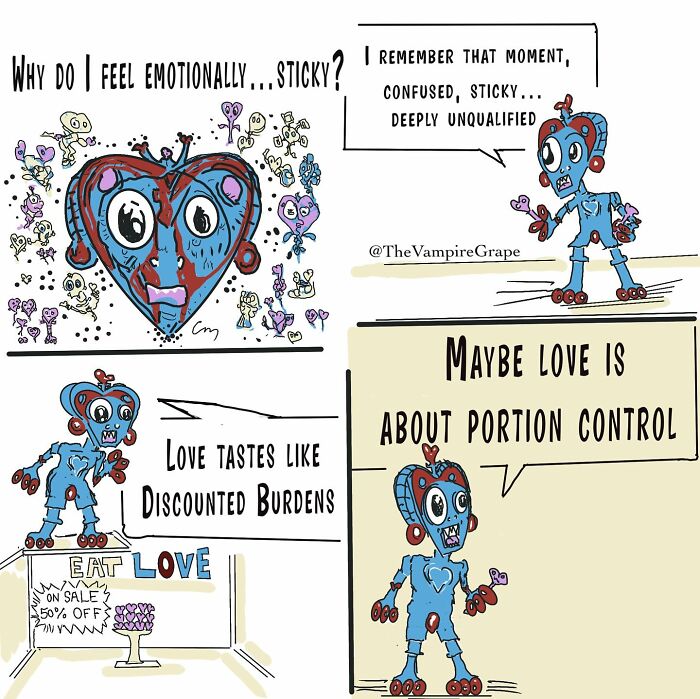 Comic panels featuring a surreal vampire grape character exploring emotions and love in modern life through quirky dialogue.