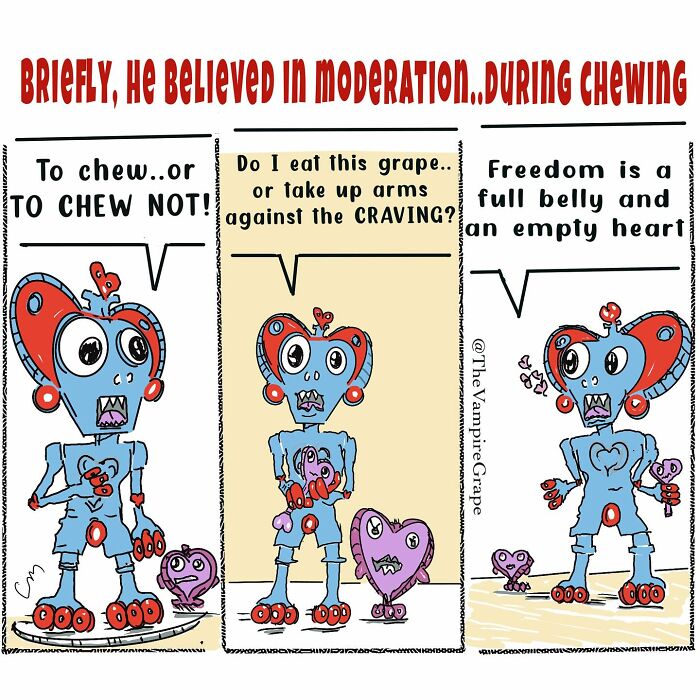 Surreal comic featuring a vampire grape debating cravings and freedom, capturing quirky moments of modern life.