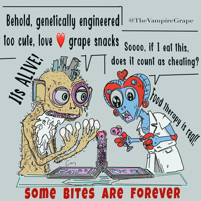Surreal comic featuring a vampire grape and a scientist discussing genetically engineered grape snacks and modern life.