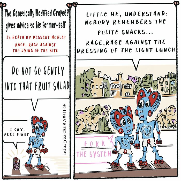 Surreal comic featuring a vampire grape giving advice and reflecting on modern life with a poetic tone.