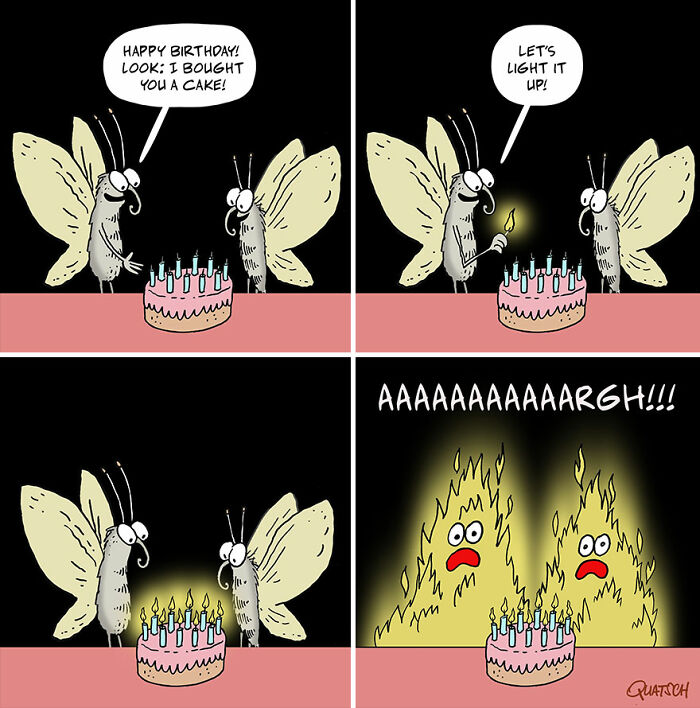 Comic panels showing absurd and witty situation with fireflies lighting a birthday cake, turning themselves into flames.