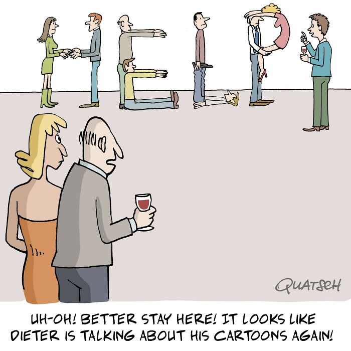 Absurd and witty comic showing people humorously posing to spell out the word life at a social gathering with drinks.