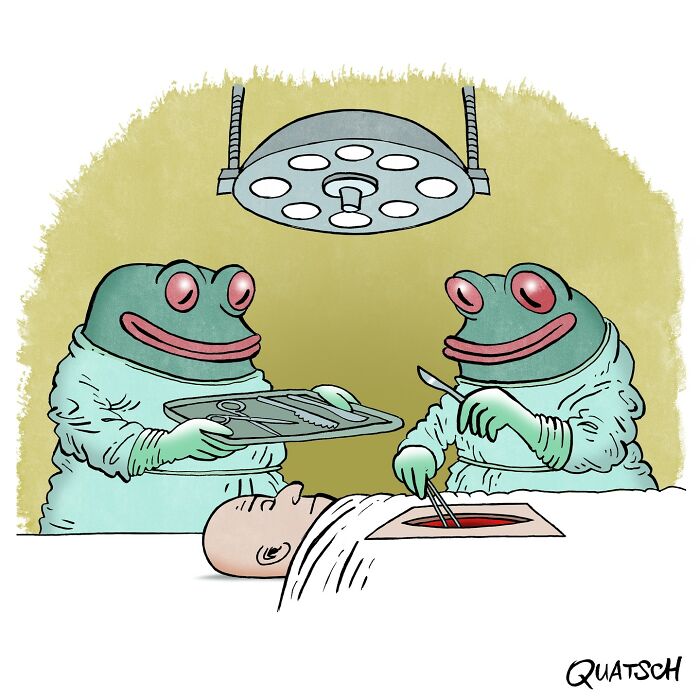 Absurd and witty comic showing frogs in surgical gear performing a ridiculous operation on a patient under bright lights.