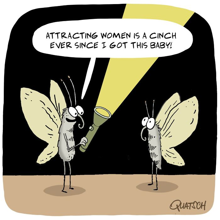 Absurd and witty comic by Quatsch showing two insects with one holding a flashlight to attract women humorously.