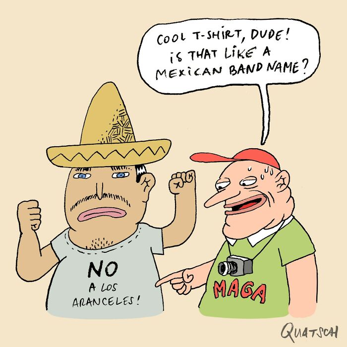 Cartoon showing two men in absurd and witty comics depicting ridiculous situations by Quatsch.