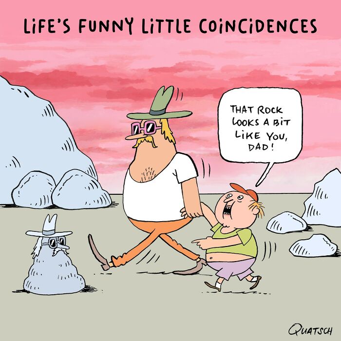 Absurd and witty comic of a child pointing out a rock resembling his dad, illustrating ridiculous situations by Quatsch.