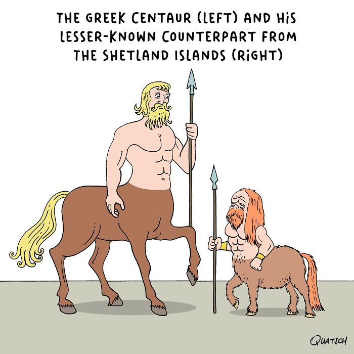Absurd and witty comic showing the Greek centaur and his lesser-known counterpart from the Shetland Islands with spears.