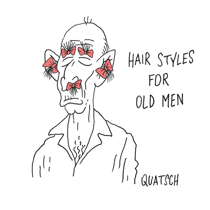 Absurd and witty comic by Quatsch showing an old man with red bows as humorous hair styles.