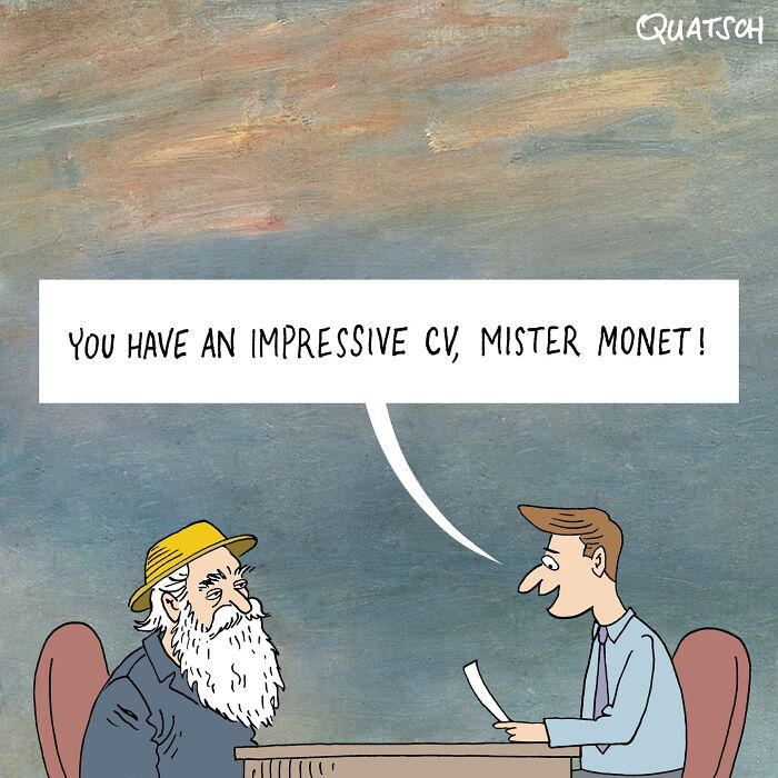 Absurd and witty comic showing a job interview where a man praises Monet's impressive CV in a humorous style.