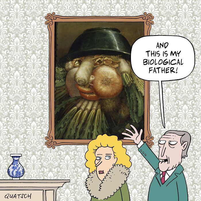Absurd and witty comic by Quatsch showing a man humorously presenting a vegetable portrait as his biological father.