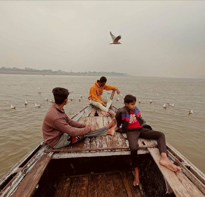 Three boys sitting on a wooden boat surrounded by water and seagulls capturing Asia exploration photography.