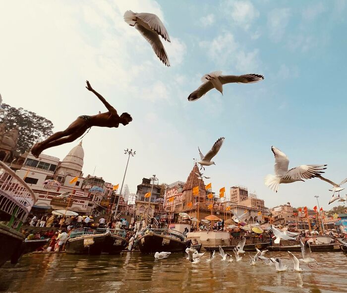Man diving into river surrounded by flying birds against historic buildings in Asia travel photography.