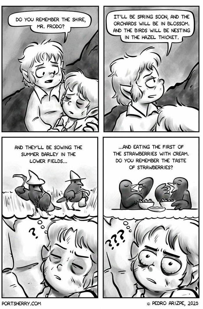 Comic strip from Port Sherry showing characters recalling nature and birds with an absurd twist in everyday moments.