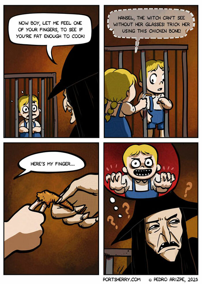 Port Sherry comic panels showing kids tricking a witch with a chicken bone in a dark, humorous fairy tale scene.
