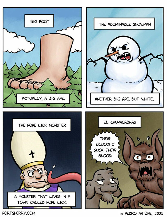 Funny Port Sherry comics showing absurd twists on mythical creatures like Bigfoot, snowman, and a vampire monster in cartoon style.