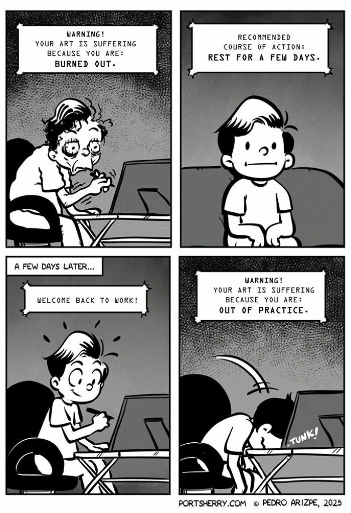 Black and white Port Sherry comic showing an artist burned out, resting, then out of practice with exaggerated expressions.