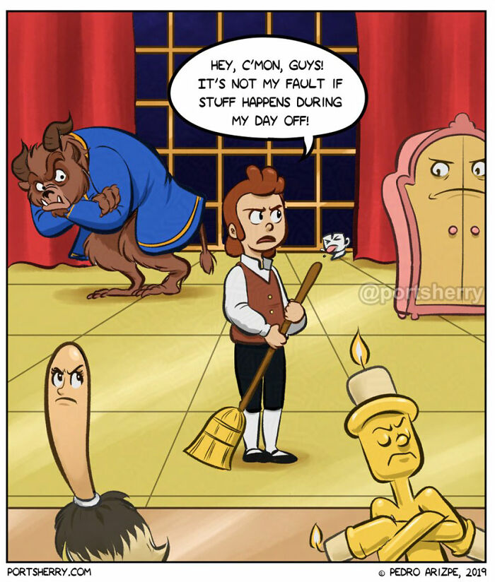 Cartoon scene inspired by Beauty and the Beast with characters in a funny Port Sherry comic style and absurd twists.