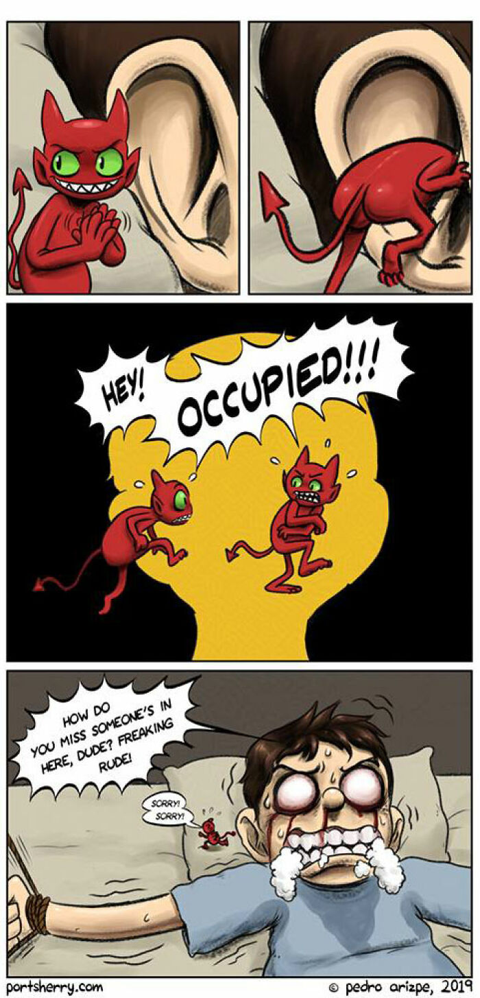 Comic from Port Sherry showing a tiny devil in an ear and a frustrated man reacting to it.