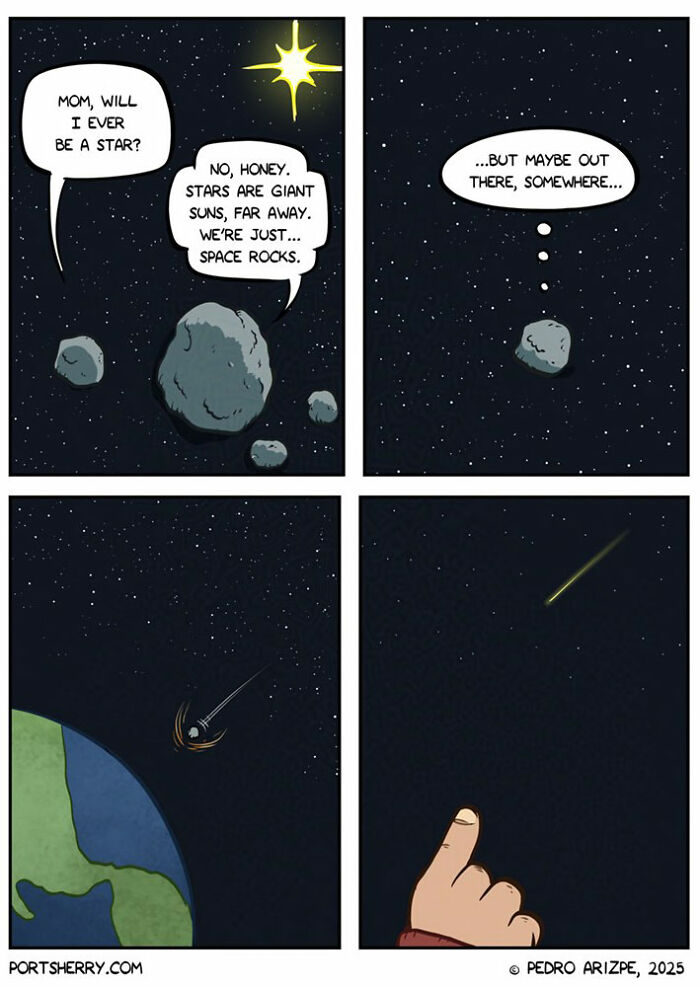 Comic from Port Sherry showing space rocks with a hopeful twist in a funny everyday moment with absurd humor.