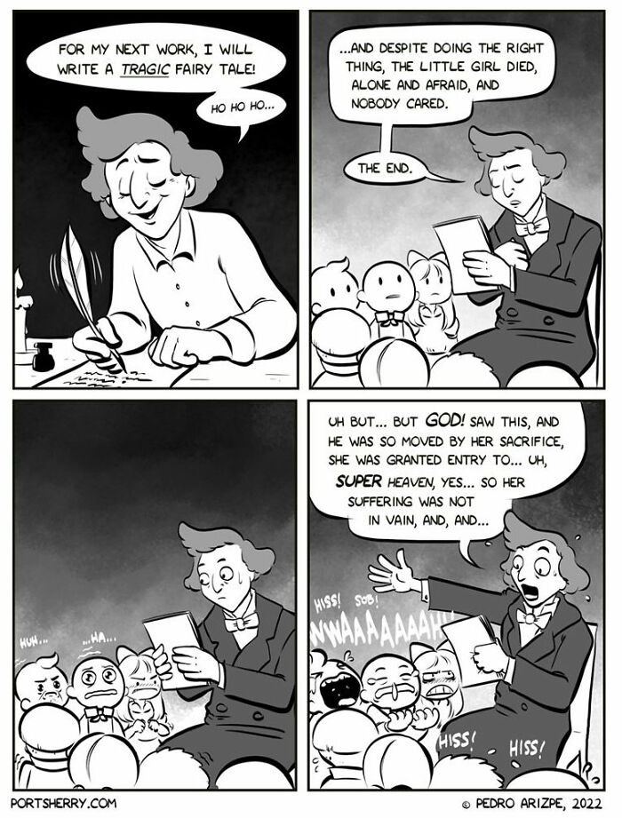 Port Sherry comic strip showing a tragic fairy tale with characters reacting emotionally to the story's absurd twist.