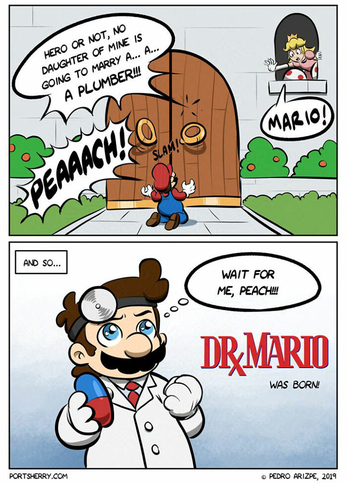 Comic panel from Port Sherry depicting Mario turned doctor with funny everyday moments and absurd twists.