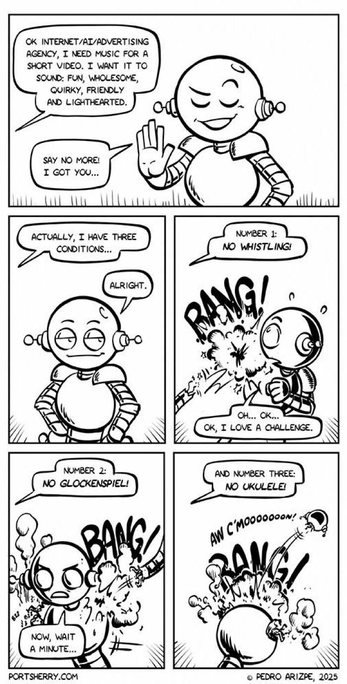 Comic strip from Port Sherry showing a robot humorously setting conditions with absurd twists on everyday moments.