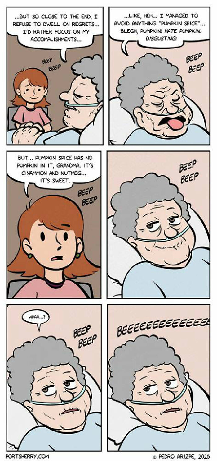 Comic strip from Port Sherry showing a conversation about pumpkin spice with an elderly woman in a hospital bed.