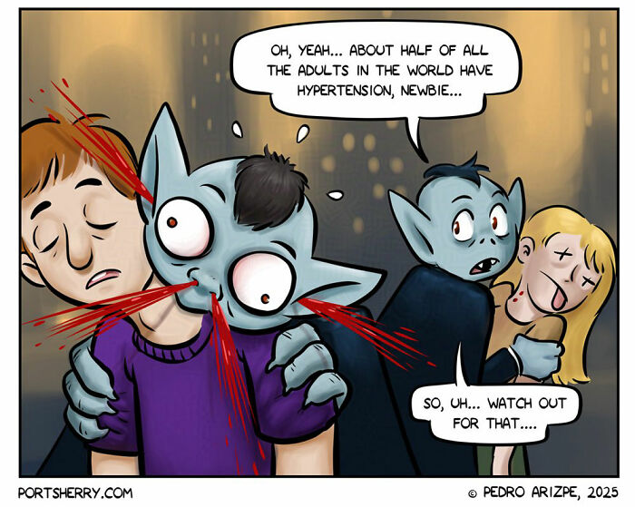Port Sherry comic panel with cartoon vampire biting a man’s neck, mixing everyday moments with absurd twists.
