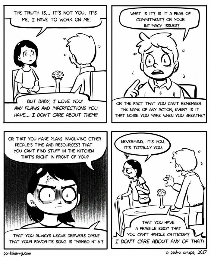 Black and white Port Sherry comic panels showing a humorous argument between a couple with absurd twists.