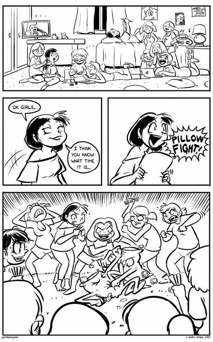 Port Sherry comic strip showing a group of girls having a chaotic pillow fight with playful expressions and energy.