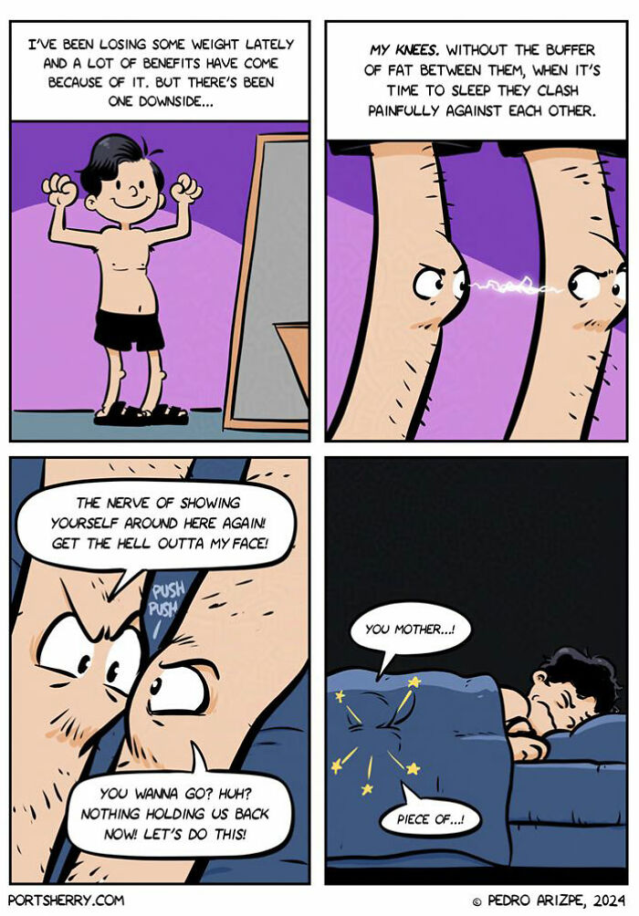 Funny Port Sherry comic panels show a man humorously struggling with his knees clashing during sleep.