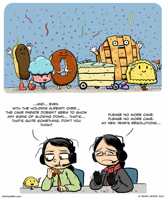 Cartoon of a cake parade with funny characters and two people discussing New Year’s resolutions in a Port Sherry comic style.